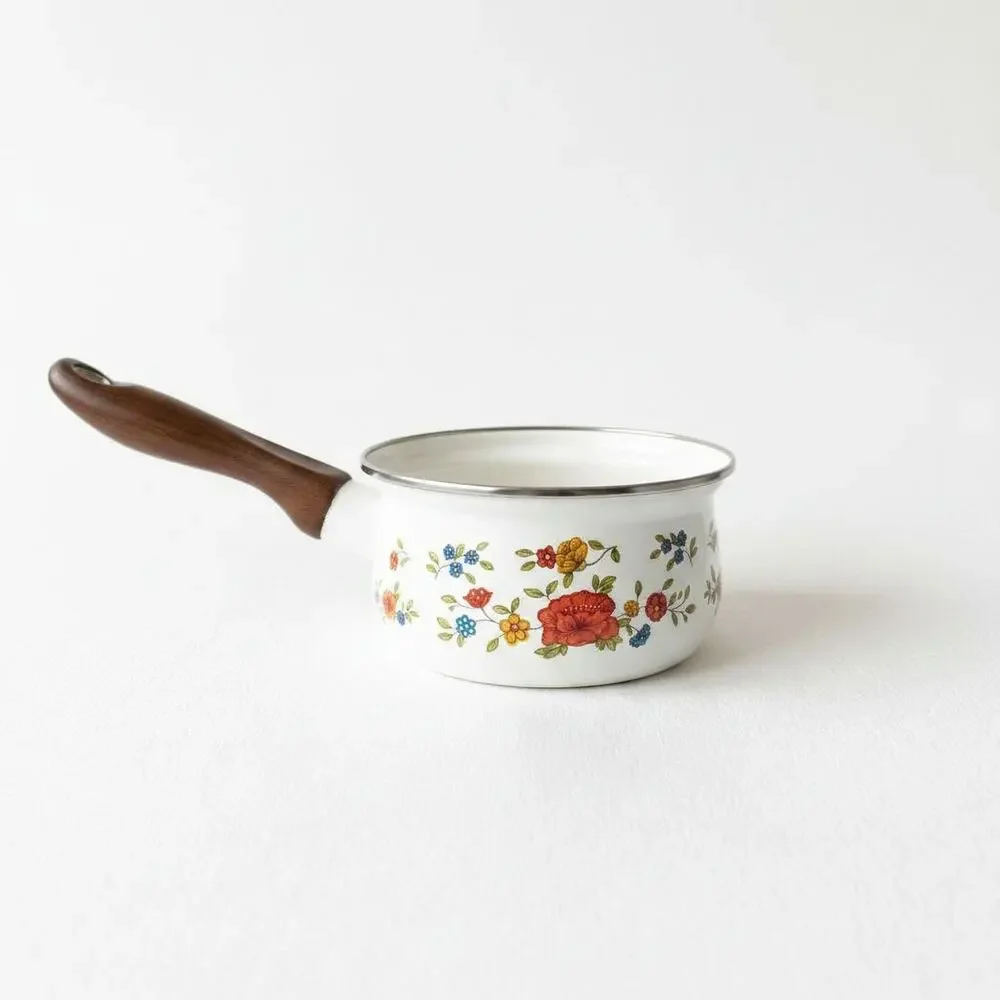 Vintage Floral Enamel Saucepan – Summer Garden Exciel Pot with Wooden Handle